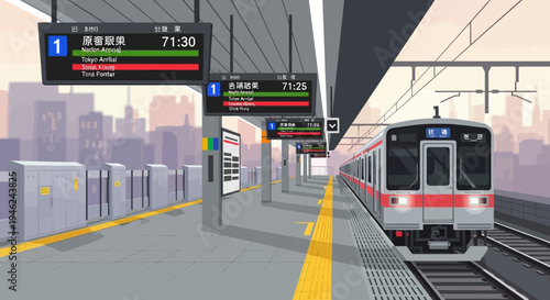 Pixel Art Illustration of a Japanese Train Station Platform with Commuter Train