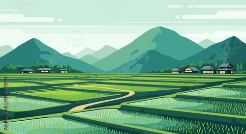 Pixel Art Landscape Featuring Green Rice Paddies and Distant Mountains
