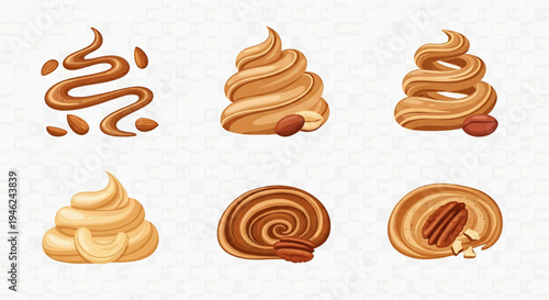 Set of vibrant illustrations showcasing sweet dessert toppings including creamy caramel, peanut butter, and praline swirls with various nuts