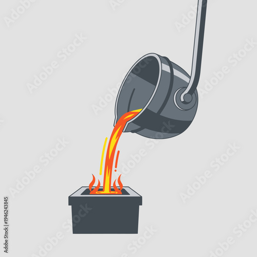 Molten metal pouring into mold, industrial casting process, hot liquid metal flow, foundry work