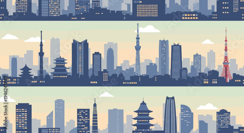 Seamless Tokyo City Skyline Vector Pattern with Iconic Landmarks