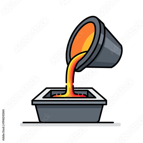 Molten metal pouring into mold, industrial casting process, hot liquid metal, foundry work