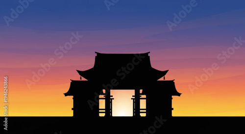 Silhouette of Traditional Asian Temple Gate at Sunset