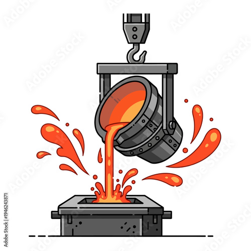 Molten metal pouring into mold, industrial casting process, foundry, hot liquid metal splash