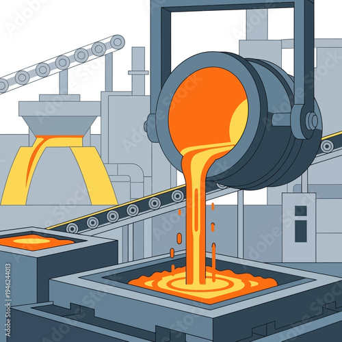 Molten metal pouring into molds at a foundry, industrial manufacturing process