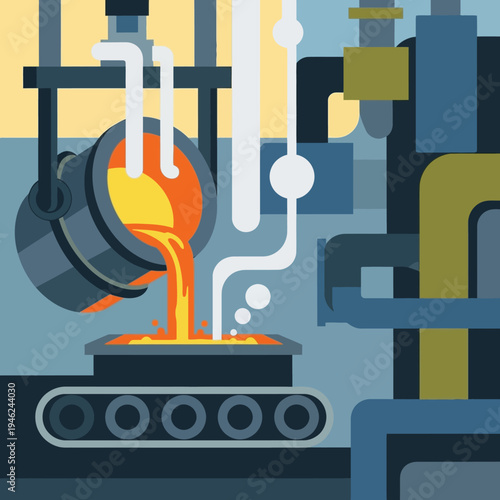 Molten metal pouring into molds on a conveyor belt in a factory, industrial process
