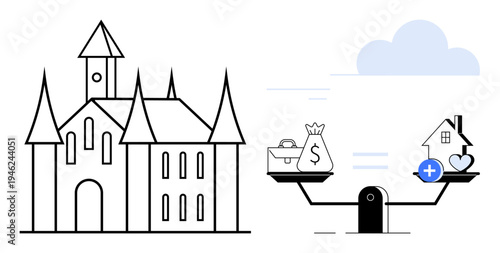 Financial priorities. Scale balancing a castle and a modern home with financial symbols, contrasts in wealth and housing. Financial planning, investment, property comparison, decision-making, wealth