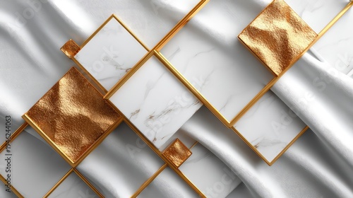 Elegant Marble and Gold Geometric Patterns on Textured Fabric Background for Modern Interior Design and Fashion Applications