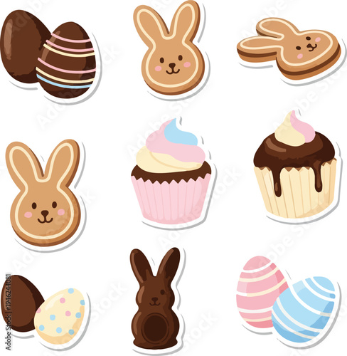 Cute Easter Sweets Collection with Chocolate Eggs, Bunny Cookies, and Cupcakes Stickers