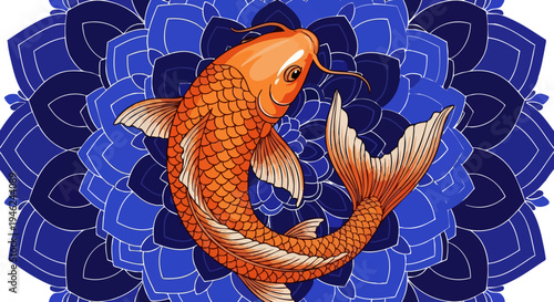 Vibrant Orange Koi Fish Vector Illustration with Intricate Blue Mandala Pattern Background, Symbolizing Luck and Prosperity in Asian Culture