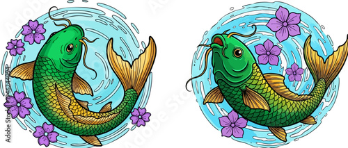 Set of 2 Green and Gold Koi Fish Vector Illustrations with Purple Flowers and Water Ripples, Facing Left and Right, for Asian Culture and Nature Designs
