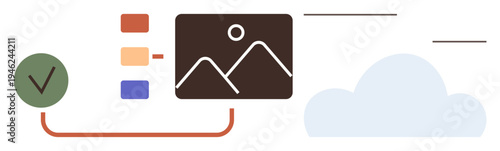 Data management, digital organization, cloud computing, image storage, file verification, online services. Graphic organized folders, a verified checkmark and a cloud. Data management and digital