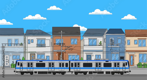 Commuter Train Passing Through a Residential Japanese Neighborhood