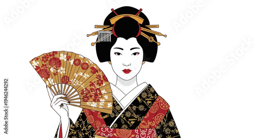 Beautiful Japanese Geisha Illustration with Traditional Fan