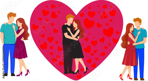 Vector illustration of three couples in different poses, two standing side-by-side and one embracing within a large pink heart filled with smaller red hearts, symbolizing love and romance.