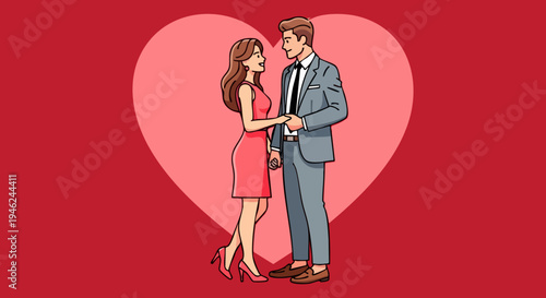 Romantic couple holding hands, looking at each other with a large pink heart background, symbolizing love, dating, and relationships vector illustration.