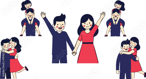 Happy Diverse Couple Holding Hands with Cheerful Family Moments Vector Illustration Set for Relationship and Love Concepts