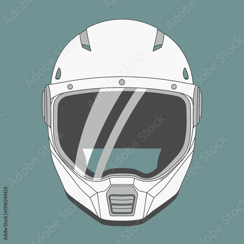 White Motorcycle Helmet with Tinted Visor, Front View, Isolated on Teal Background