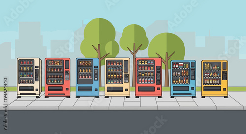 Row of Colorful Vending Machines on City Sidewalk