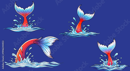 Set of 4 Vibrant Mermaid Tails Vector Illustrations Splashing in Water, Featuring Red and Blue Gradient Scales on a Dark Blue Background