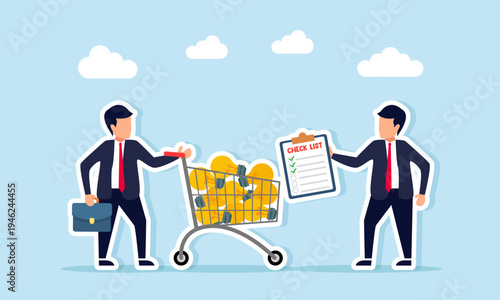 Businessman pushing trolley full of light bulbs while another businessman holding checklist board illustration of business development audit and innovation project evaluation
