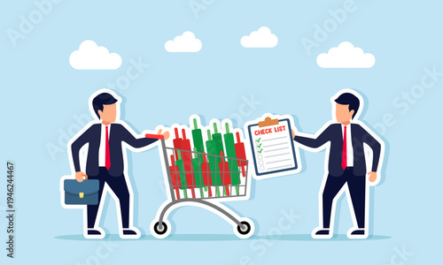 Businessman pushing trolley full of candlestick charts while another businessman holding checklist board illustration of stock portfolio audit and investment analysis concept