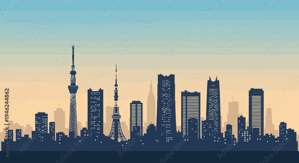 Obraz premium Tokyo City Skyline Silhouette Vector Illustration at Sunset