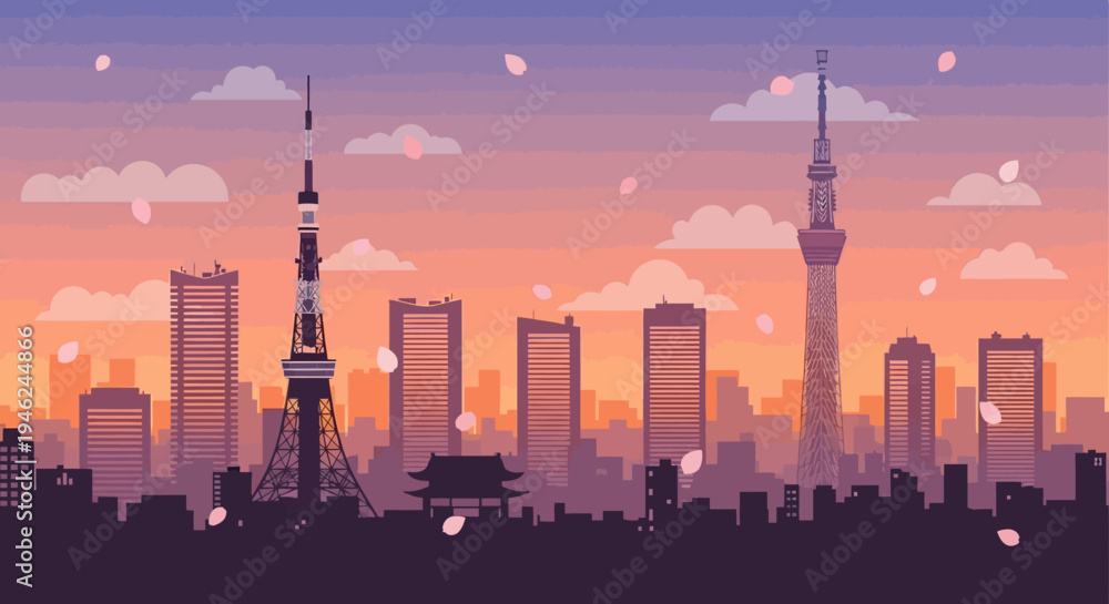 Obraz premium Tokyo City Skyline Silhouette with Sakura Petals at Sunset