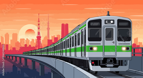 Pixel Art Illustration of a Commuter Train Traveling Through Tokyo at Sunset