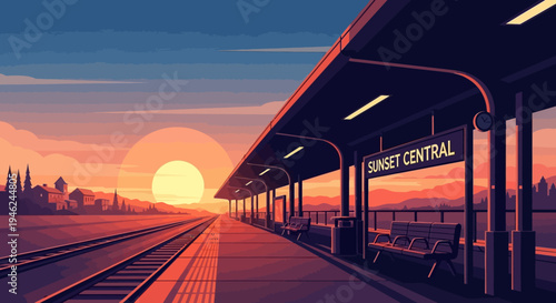 Pixel Art Sunset Central Train Station Platform at Dusk