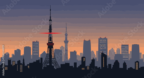 Pixel Art Tokyo Cityscape with Iconic Tower at Sunset