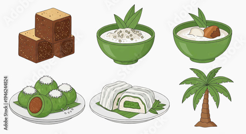 Traditional Southeast Asian Desserts and Sweet Treats An illustrated collection of rice cakes, coconut delights, porridges, and a tropical palm tree