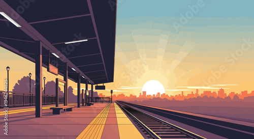 Pixel Art Train Station Platform at Sunset