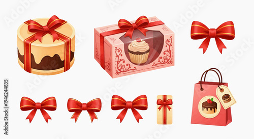 Vibrant vector set of sweet desserts cakes, cupcakes, gift boxes, and red bows, perfect for celebrations, bakery branding, and e-commerce packaging designs