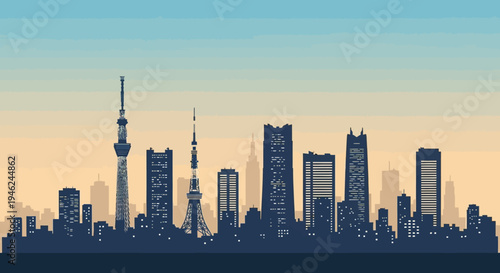 Tokyo City Skyline Silhouette Vector Illustration at Sunset