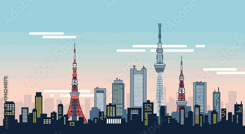 Tokyo City Skyline Illustration with Iconic Towers at Sunset