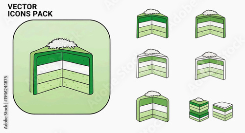Delicious green layered cake slices vector icon pack for dessert menus, sweet treat illustrations, and confectionery design elements, perfect for digital projects and bakery branding