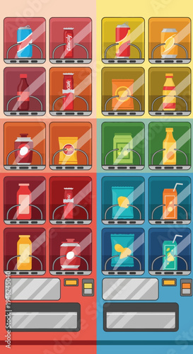 Colorful Vending Machines with Snacks and Drinks Illustration
