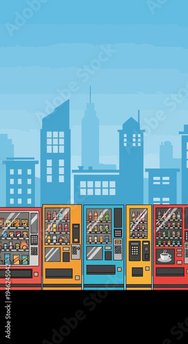 Colorful Vending Machines Lineup Against Urban Cityscape Background
