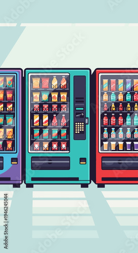 Colorful Vending Machines Row in Flat Vector Style