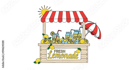 Illustration of a colorful lemonade stand with a striped awning and umbrella on a white background.