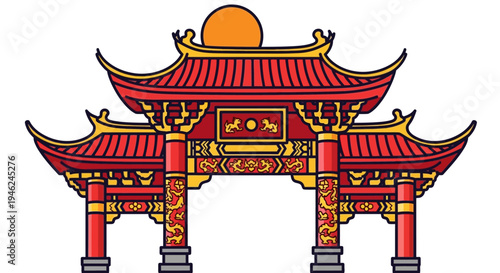 Traditional Chinese Gate Illustration with Ornate Dragon Patterns
