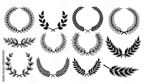 Vintage laurel wreath frame set with hand drawn black laurel leaves branches and decorative award elements vector