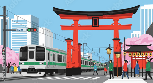 Japanese Train Passing Through Torii Gate in Tokyo City