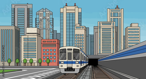 Modern Cityscape with Commuter Train Moving on Tracks
