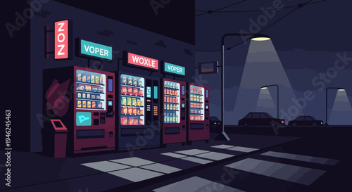 Night Street Scene with Glowing Vending Machines in Pixel Art Style