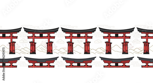Seamless Pattern of Traditional Japanese Torii Gates and Mountains