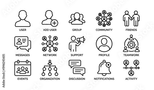 Social media interface icons: user profiles, networking, communication, organization, teamwork