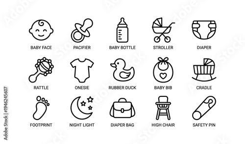 Baby essentials icons: pacifier, stroller, diaper, rattle, onesie, rubber duck, high chair