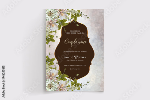 WEDDING INVITATION FRAME WITH FLOWER DECORATIONS AND FRESH LEAVES